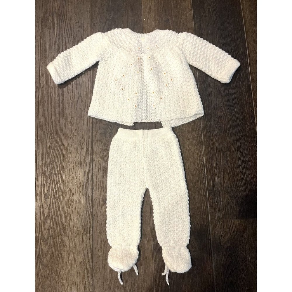 Vtg Italy Knit New Born Baby Layette Ribbon Sweater Pants White Wedding Baptism - Picture 11 of 15